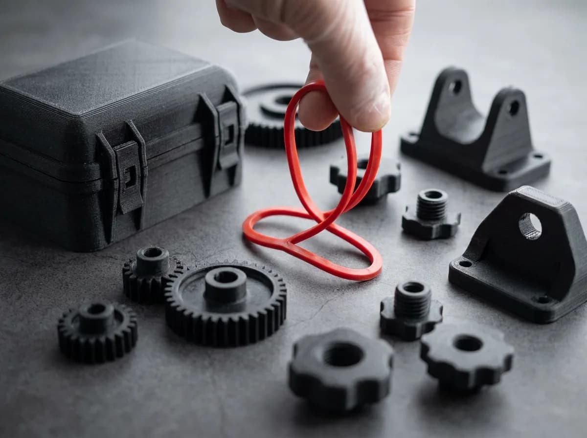 3D printed gears, brackets, knobs and a flexible red TPU gasket