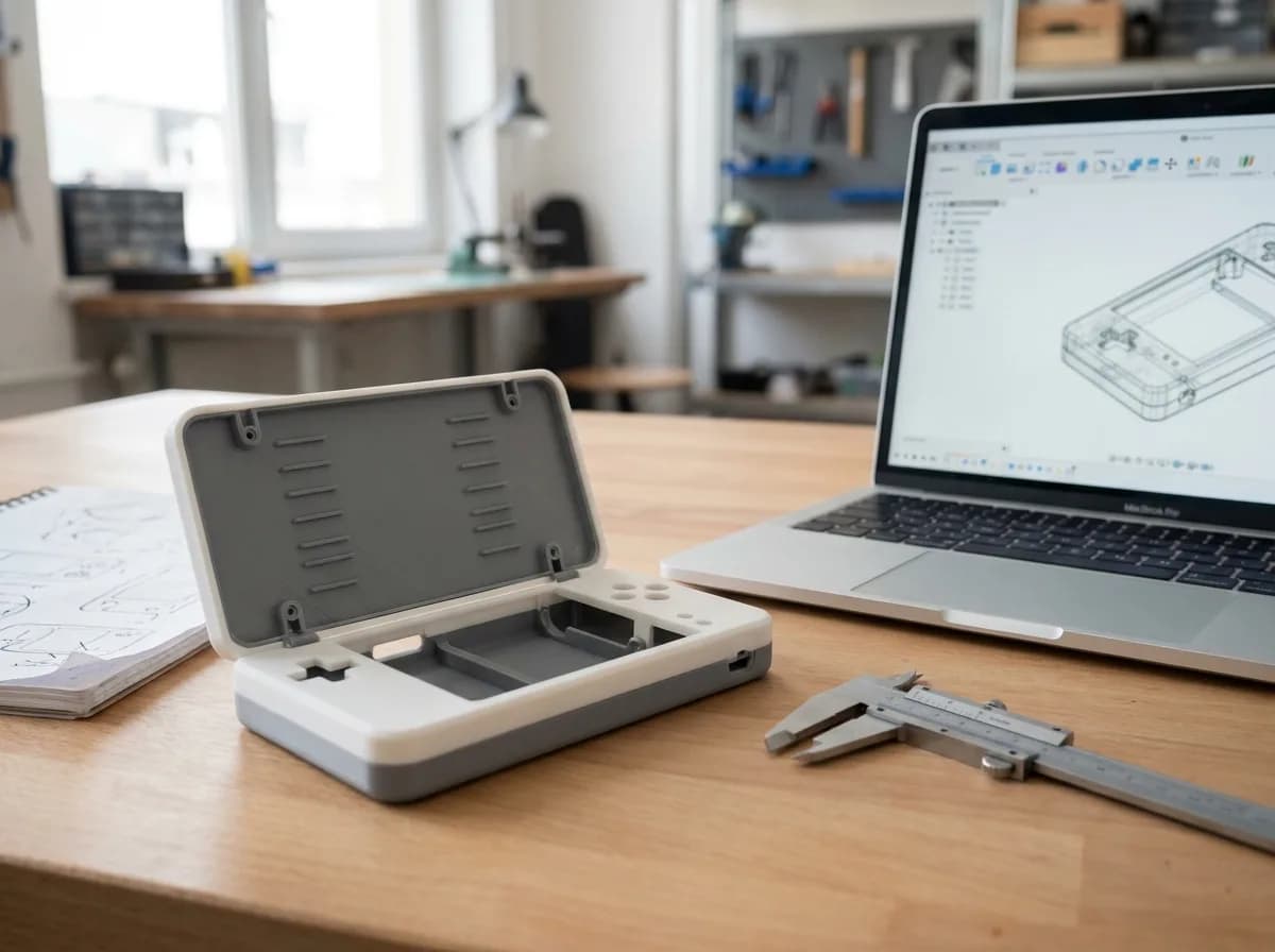 Two-tone 3D printed device enclosure prototype next to a laptop with CAD model