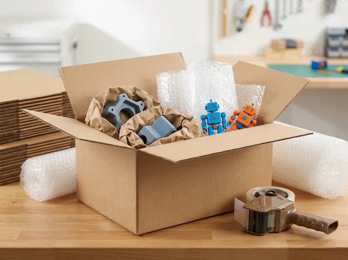 3D printed parts packed in a box ready for shipping