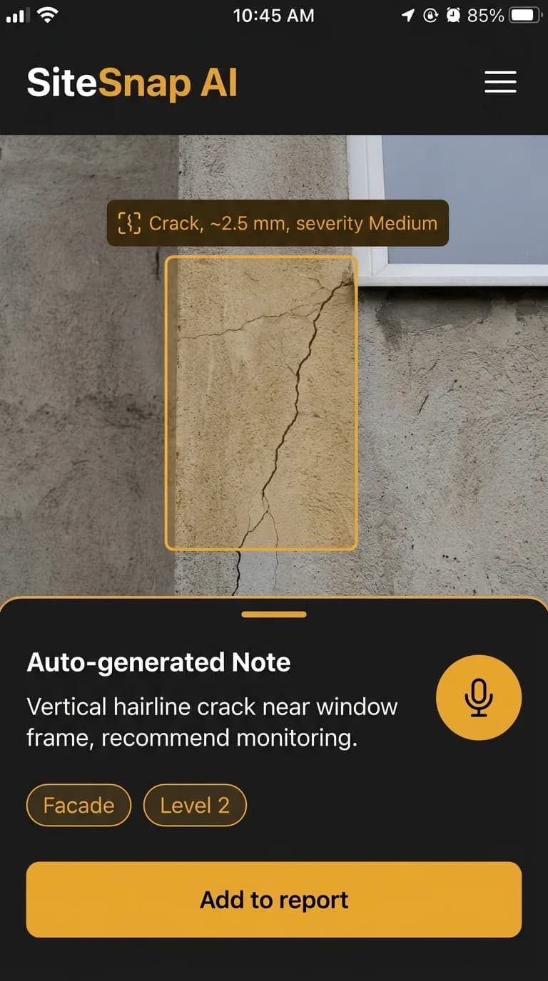 SiteSnap AI detecting a wall crack in a photo