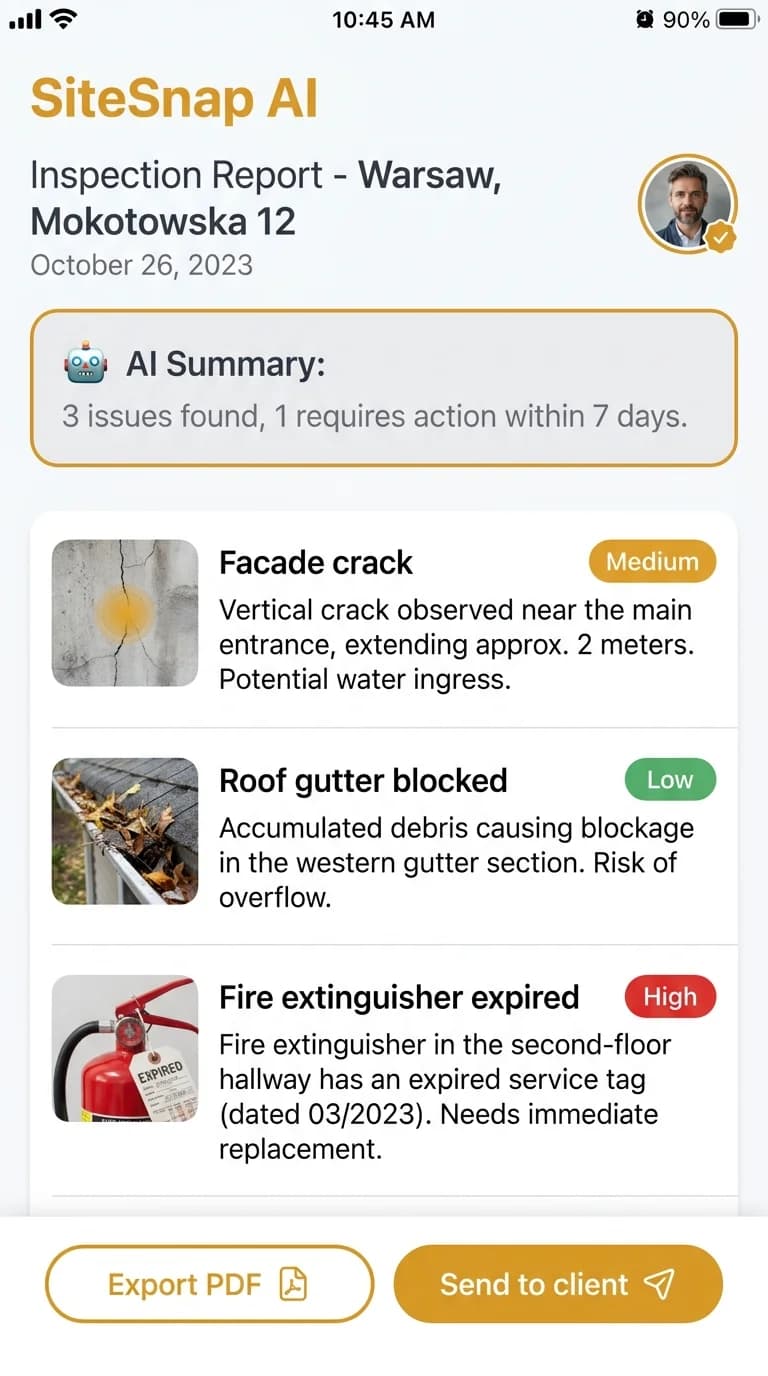 SiteSnap AI auto-generated inspection report