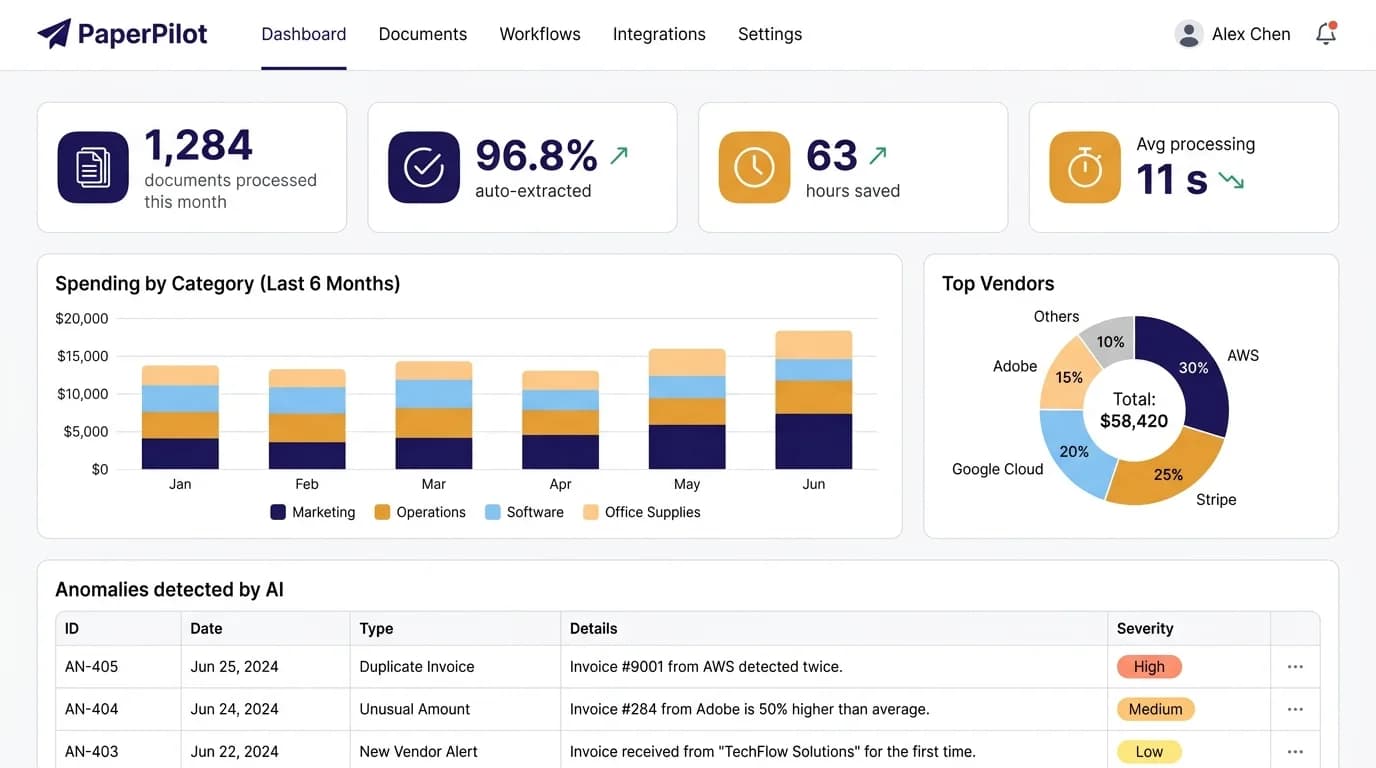 PaperPilot analytics dashboard with anomalies detected by AI