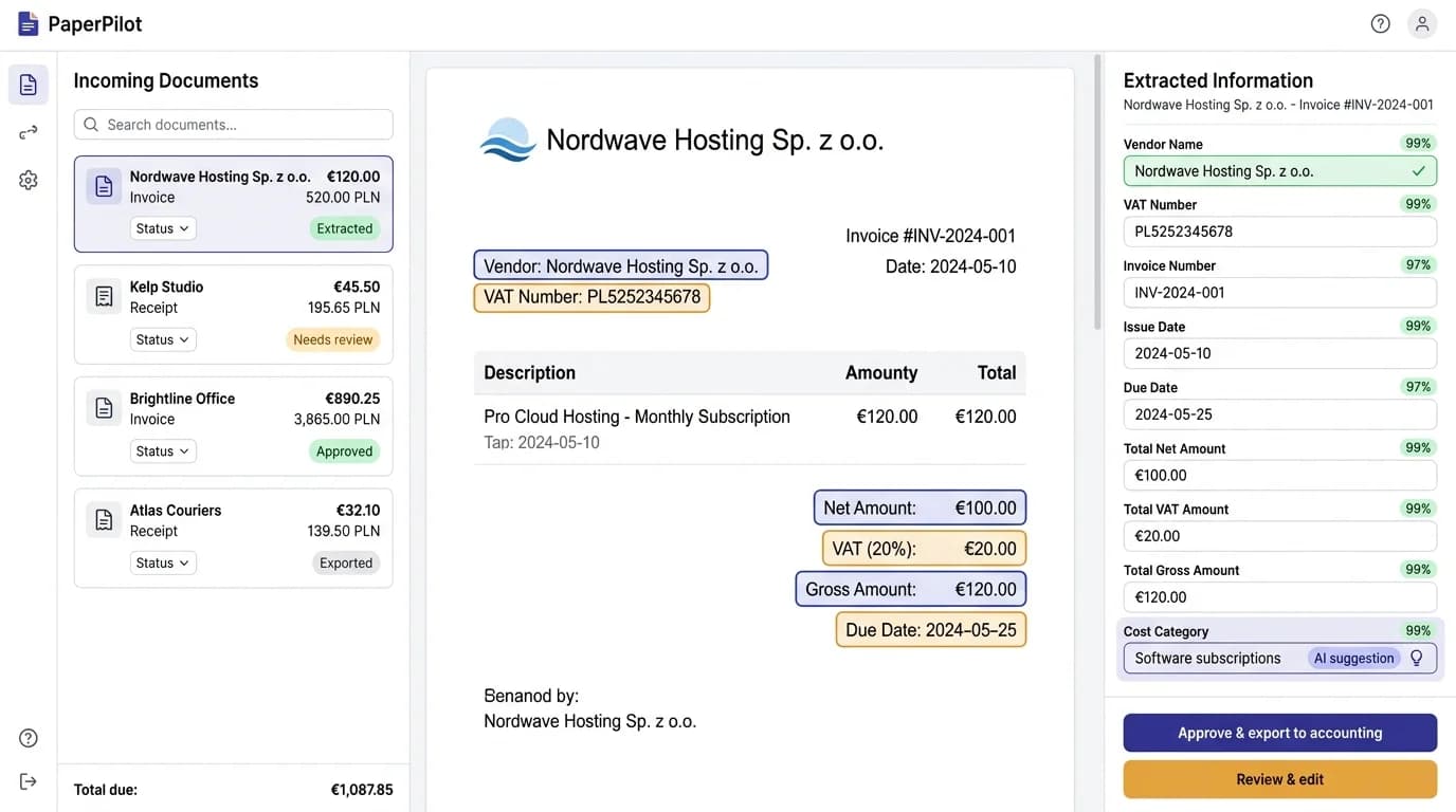 PaperPilot invoice inbox with AI-extracted fields