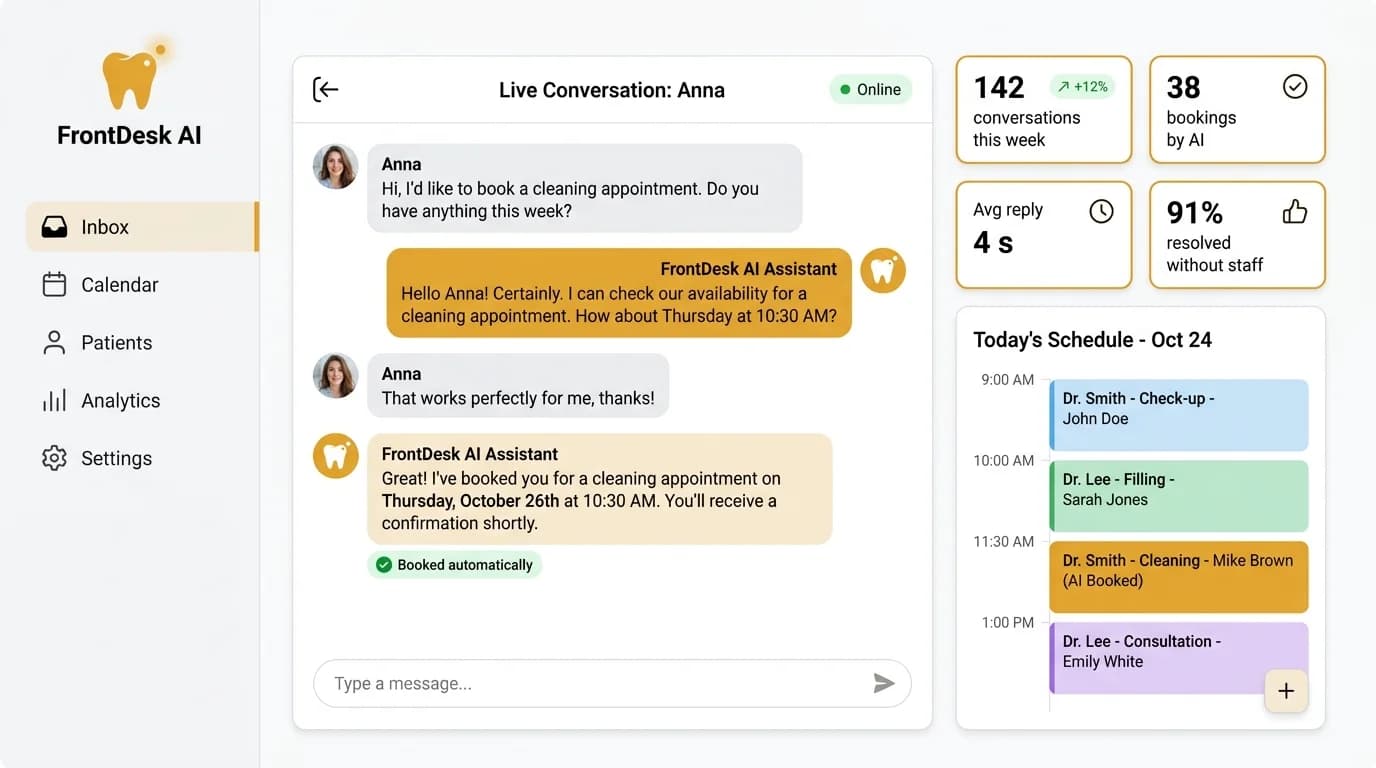 FrontDesk AI dashboard with live chat booking and daily schedule