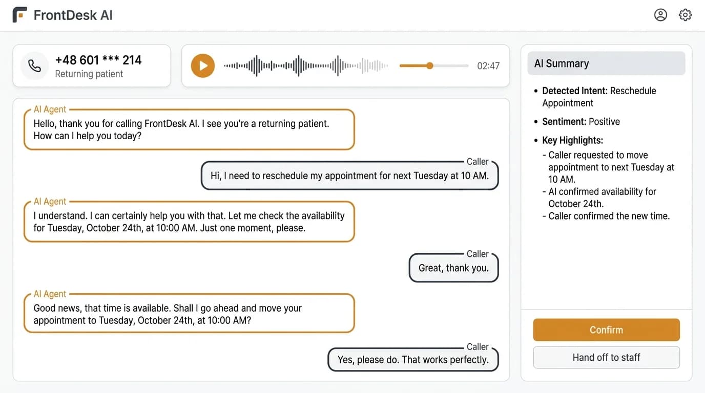 FrontDesk AI phone call transcript with AI summary